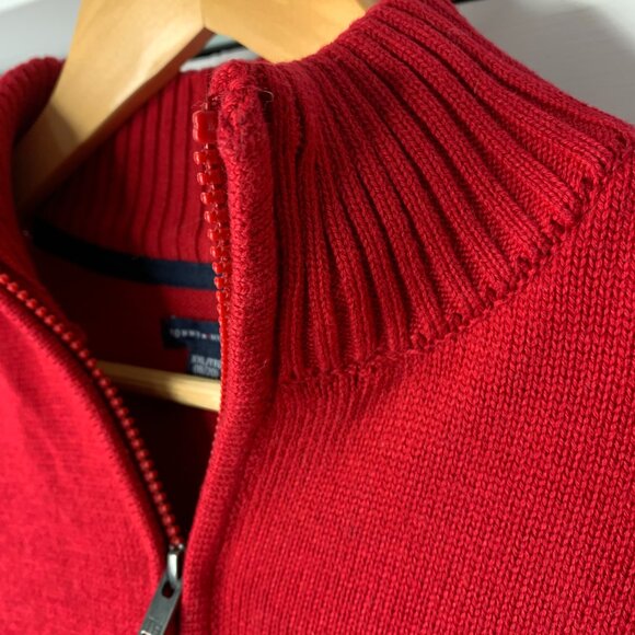 Tommy Hilfiger Men’s Red 100% Cotton Quarter-Zip Sweater – Classic Casual Style - Picture 4 of 15